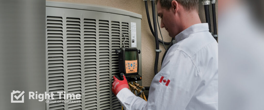 HVAC technician checking an outdoor air conditioner with diagnostic gauges during a Scarborough service visit for musty smells, weak airflow, or short cycling.